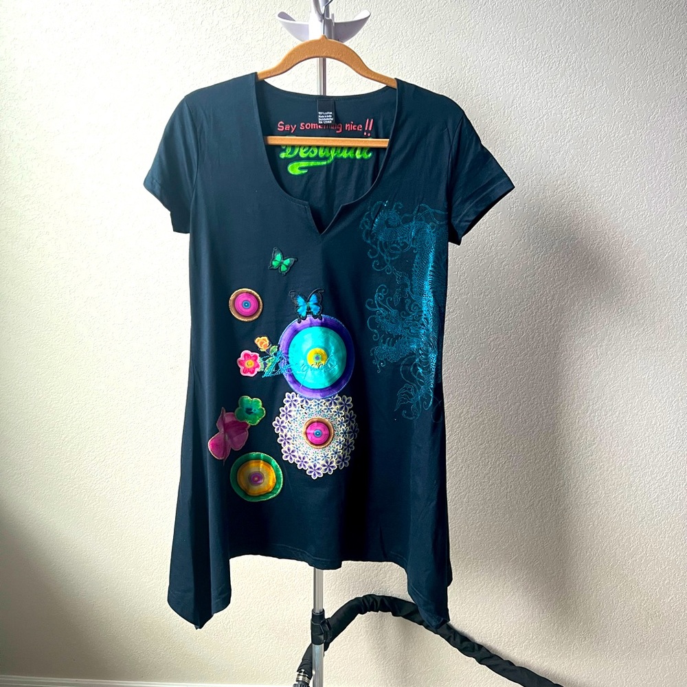 Desigual Womens Dress Black Floral Short Sleeve Large L Casual Dress